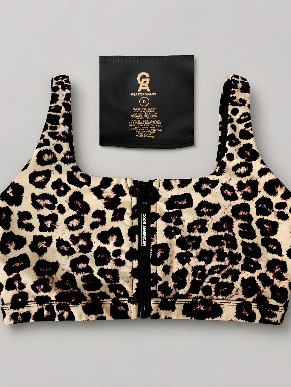 Good American Leopard Zip-Front Sports Bra in Cream, Black & Brown